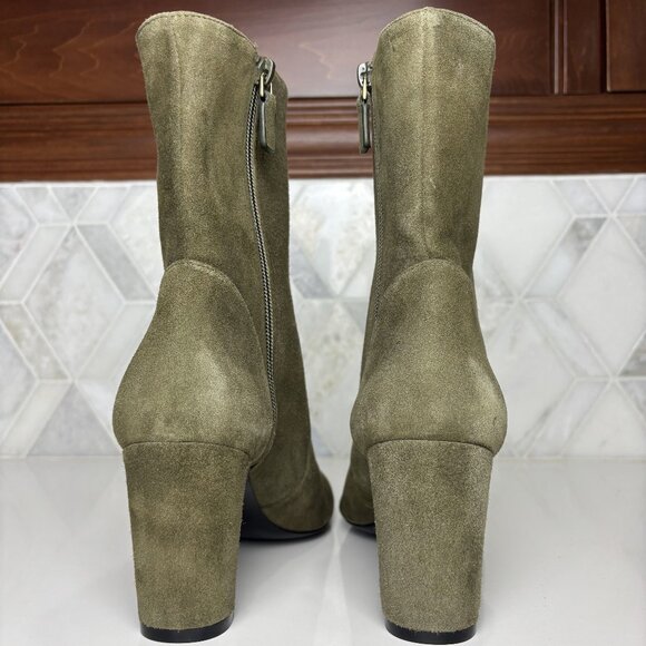 8B Green Suede Leather Block Heel Zip Zipper Almond Toe Ankle Boot Bootie Vida - Picture 8 of 14
